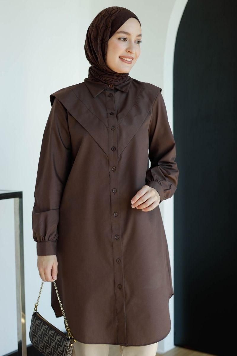 V Allerli Poplin Tunik Kahve