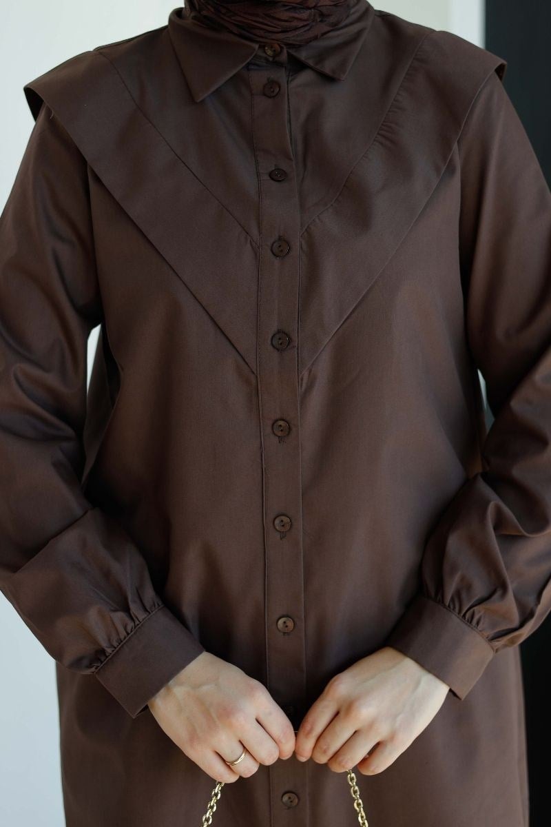 V Allerli Poplin Tunik Kahve