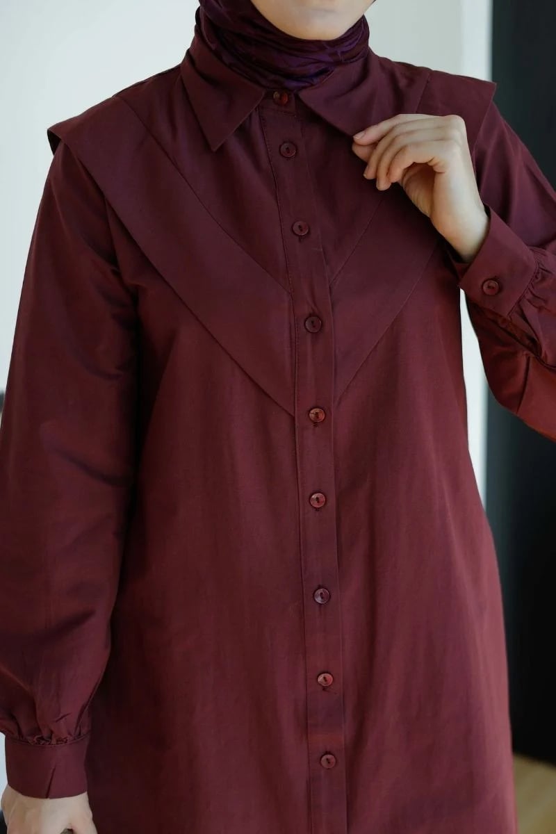 V Allerli Poplin Tunik Mürdüm