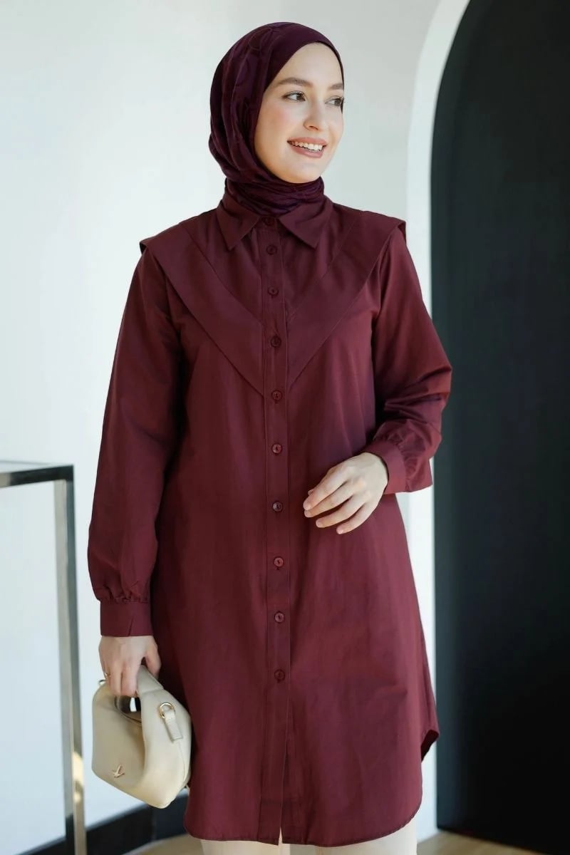 V Allerli Poplin Tunik Mürdüm