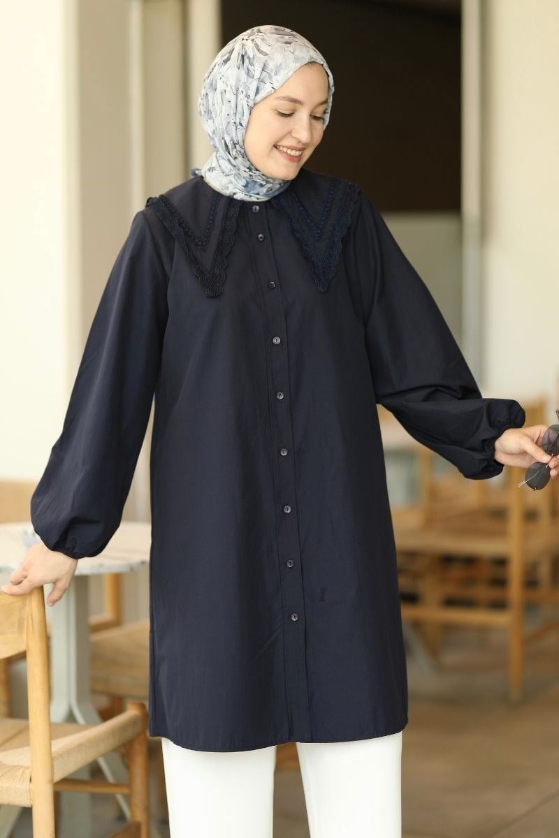 Yakası Dantelli Poplin Tunik Lacivert