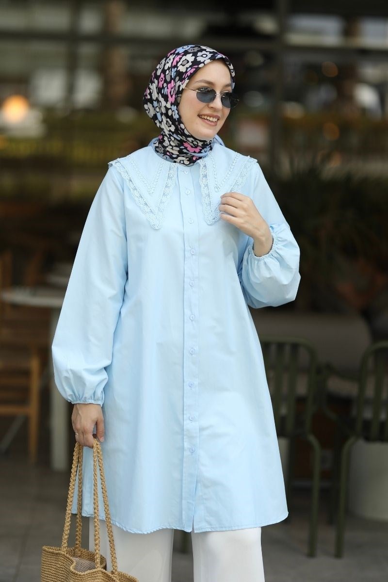 Yakası Dantelli Poplin Tunik Mavi