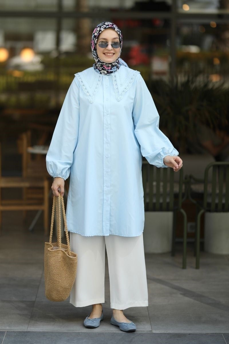 Yakası Dantelli Poplin Tunik Mavi
