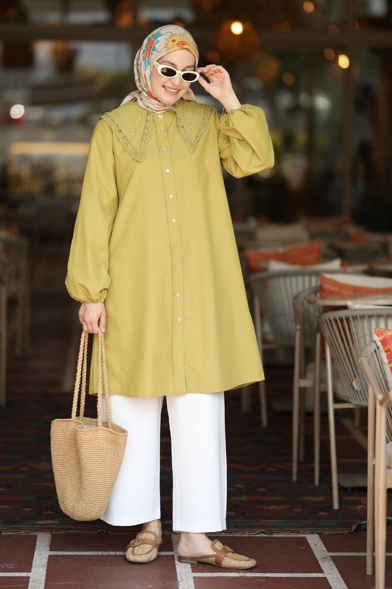 Yakası Dantelli Poplin Tunik Olive