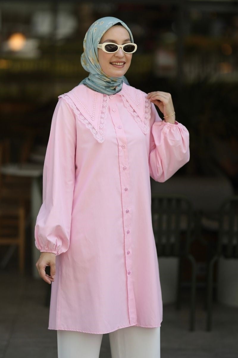 Yakası Dantelli Poplin Tunik Pembe