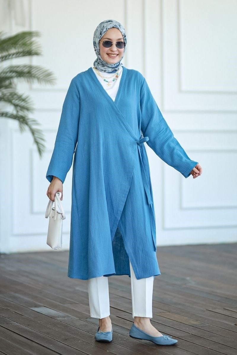 Yandan Bağlamalı Müslin Kimono Tunik İndigo