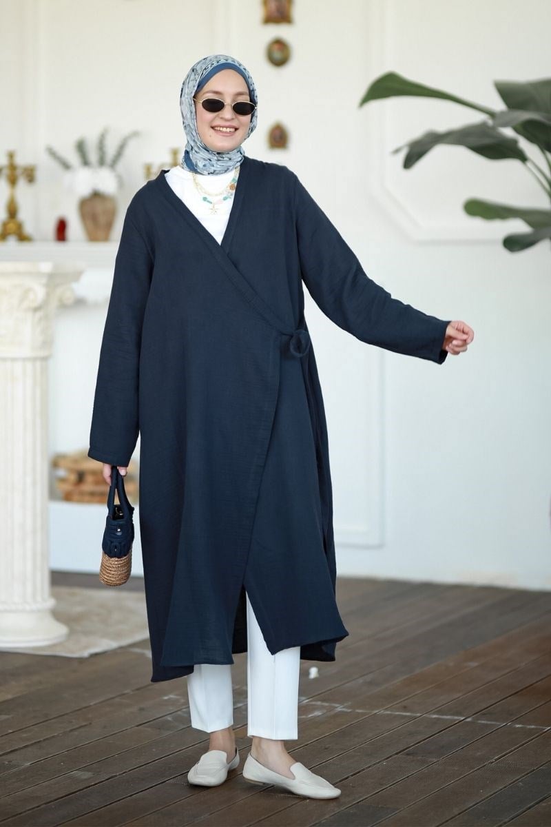 Yandan Bağlamalı Müslin Kimono Tunik Lacivert