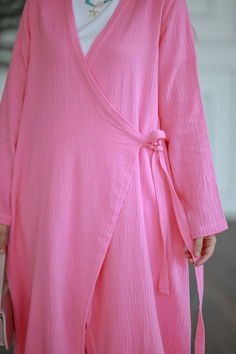 Yandan Bağlamalı Müslin Kimono Tunik Pembe