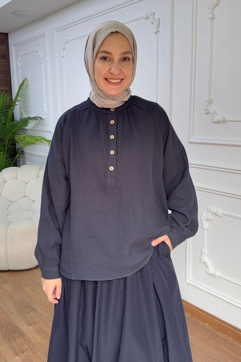 Yarım Patlı Müslin Gömlek Lacivert