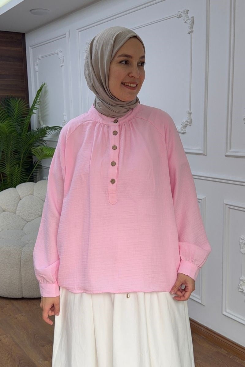 Yarım Patlı Müslin Gömlek Pembe