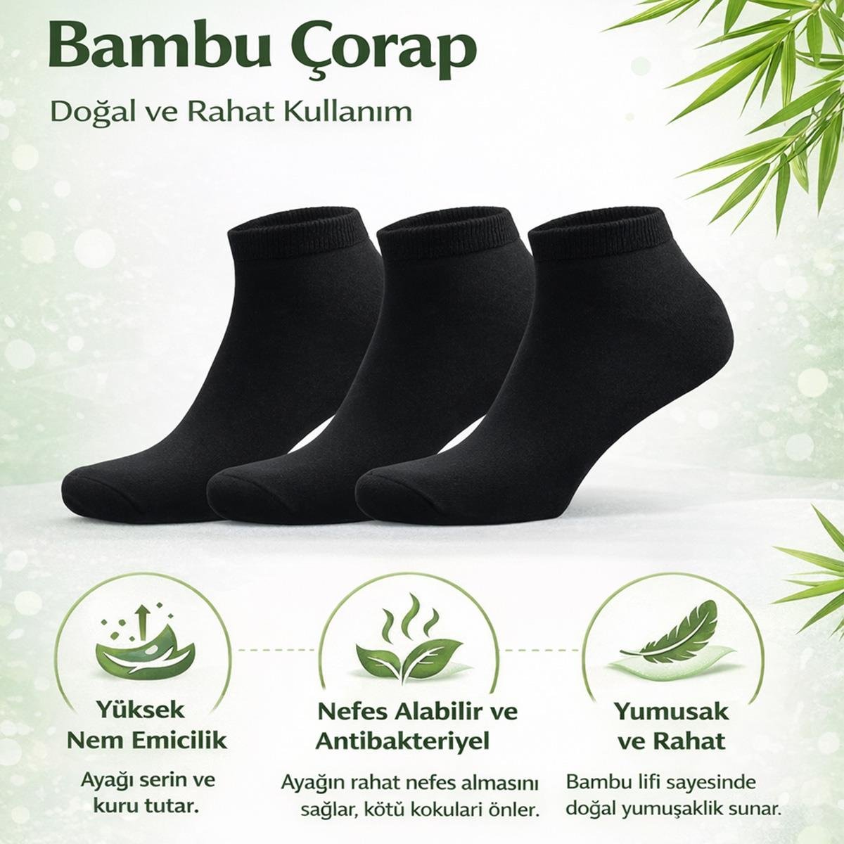 3 Çift Erkek Bambu Patik Çorap Siyah