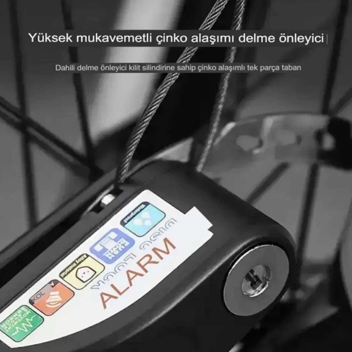 Alarmlı Motosiklet Disk Kilidi 110 Desibel Su Geçirmez Hareket Sensörlü Siyah