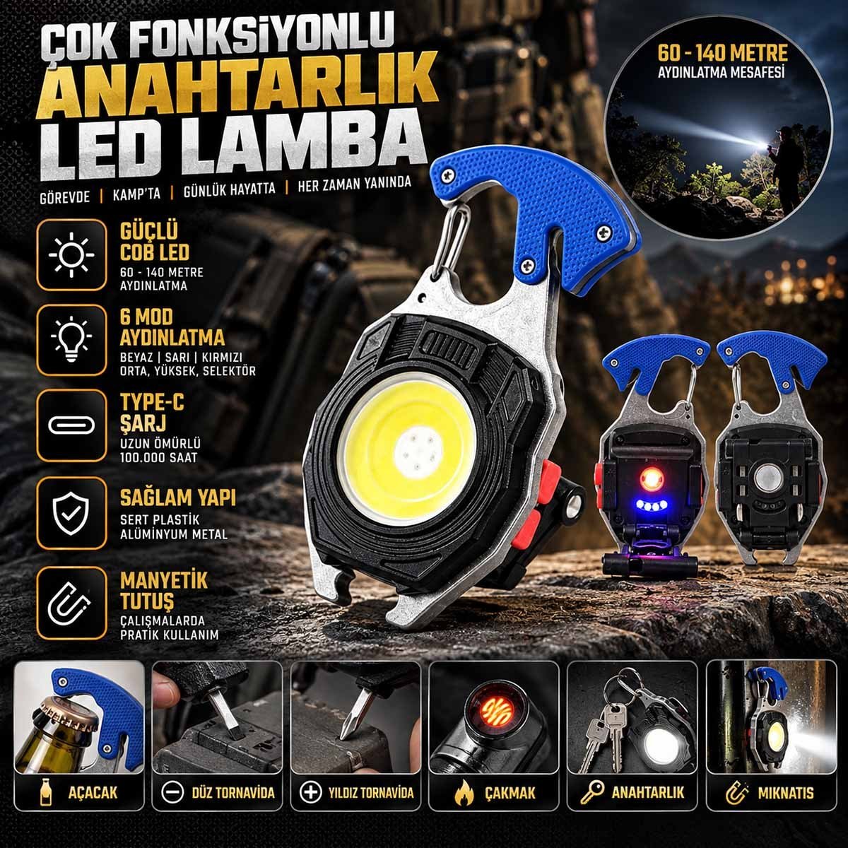 Çok Amaçlı Şarj Edilebilir Led Kamp Feneri Anahtarlık WT-740