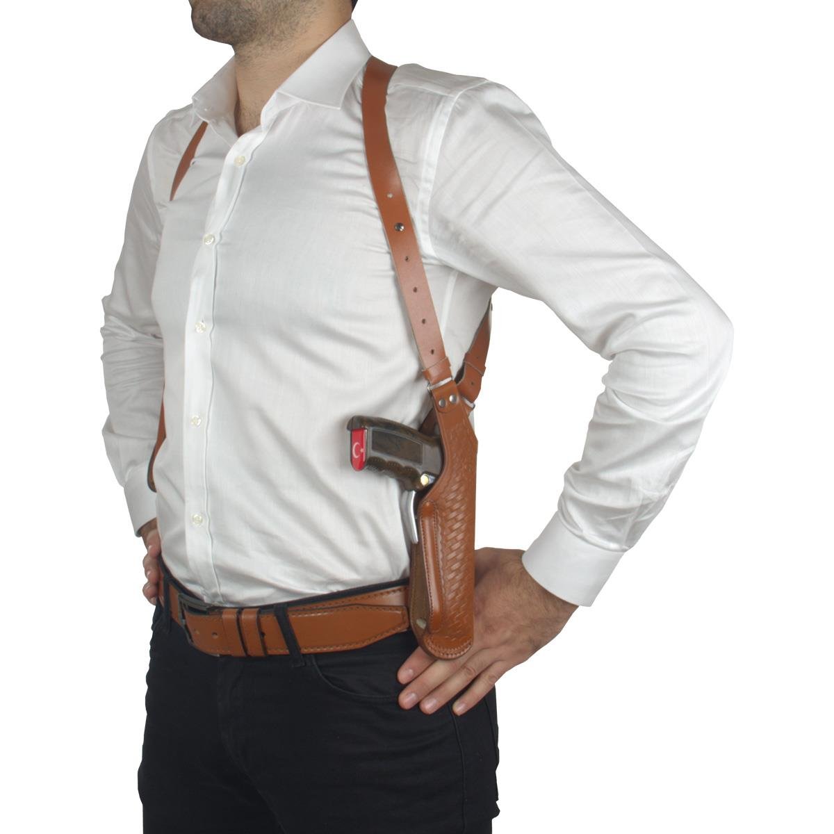 Dik Desenli Deri Koltuk Altı Tabanca Kılıfı Çift Şarjörlüklü Taba-Universal