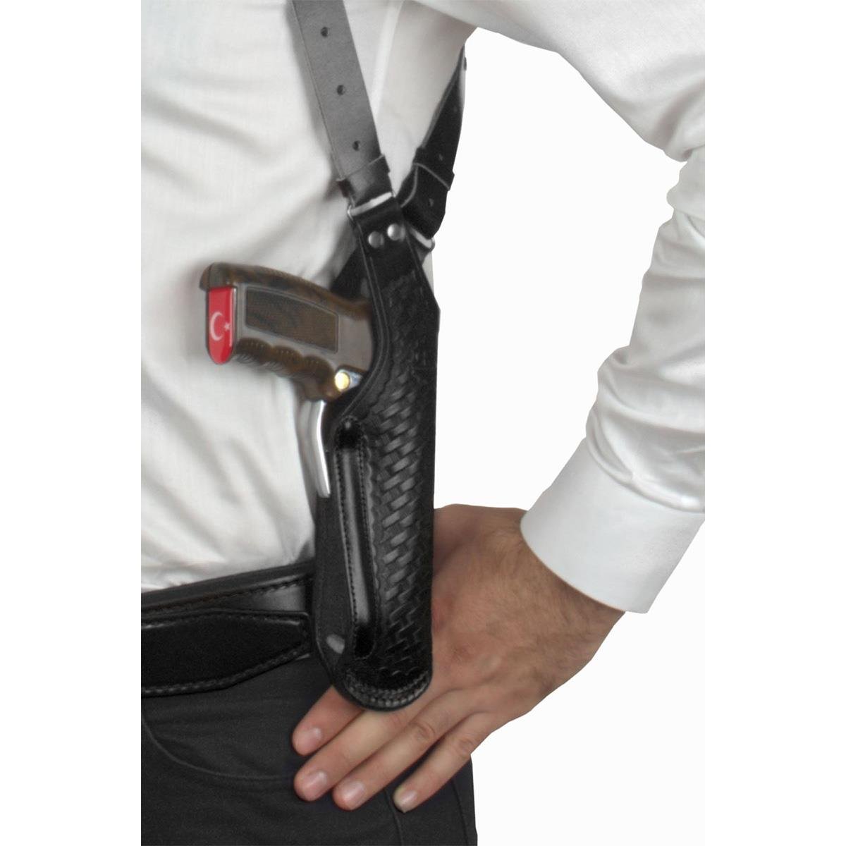 Dik Desenli Deri Koltuk Altı Tabanca Kılıfı Çift Şarjörlüklü Siyah-Universal