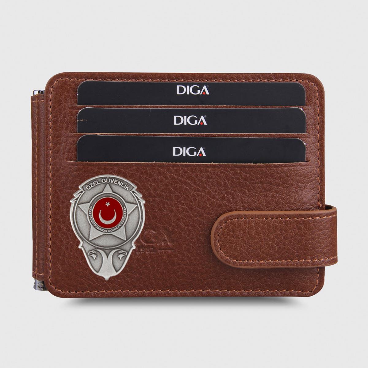 Hakiki Deri Çift Taraflı Para Tokalı Mini Rozetli Özel Güvenlik Cüzdanı Taba