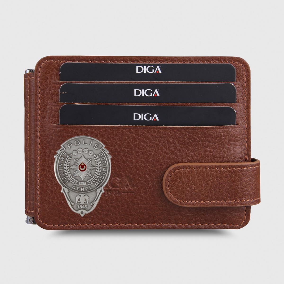 Hakiki Deri Çift Taraflı Para Tokalı Mini Rozetli Polis Cüzdanı Taba