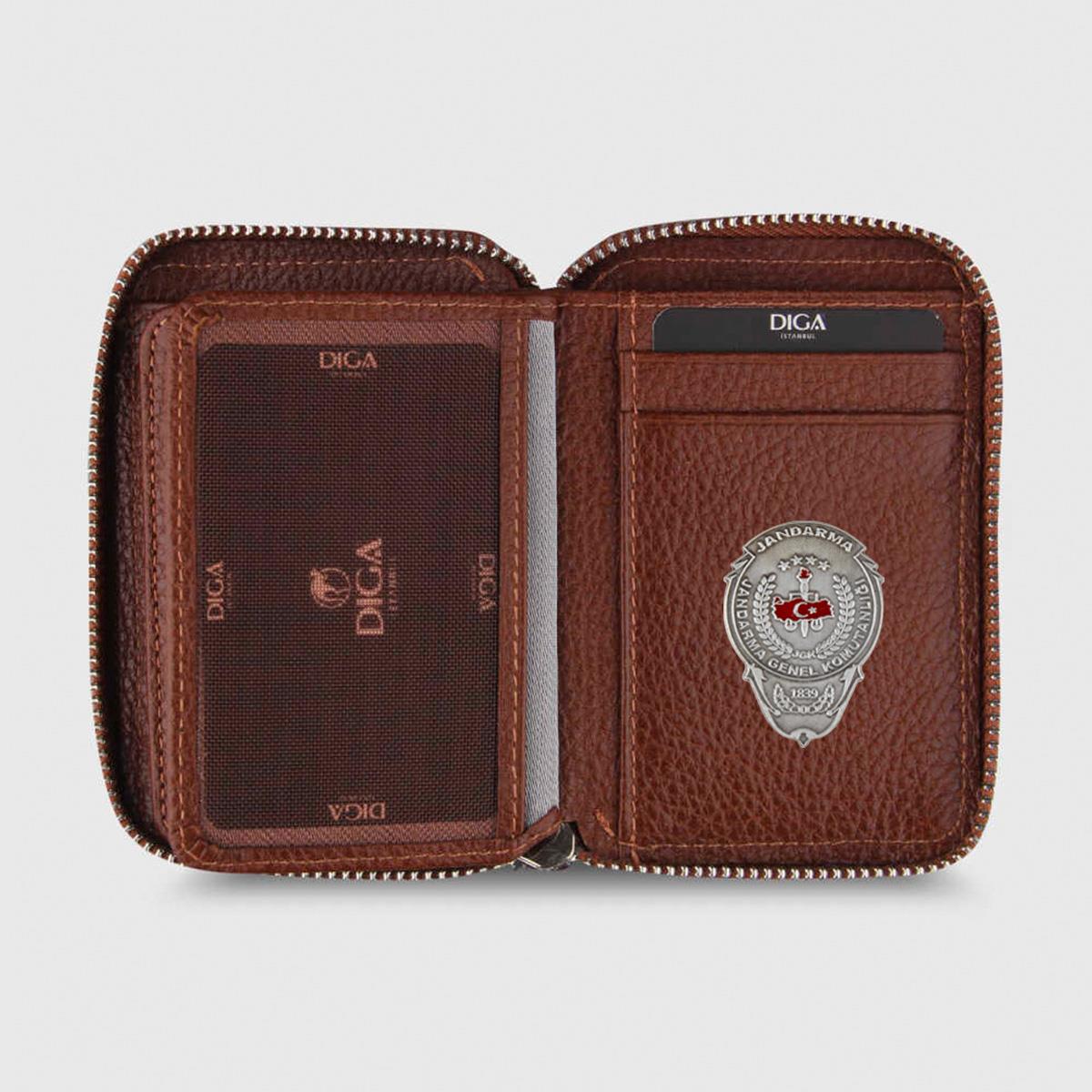 Hakiki Deri Fermuarlı Mini Rozetli Jandarma Genel Komutanlığı Cüzdanı Taba