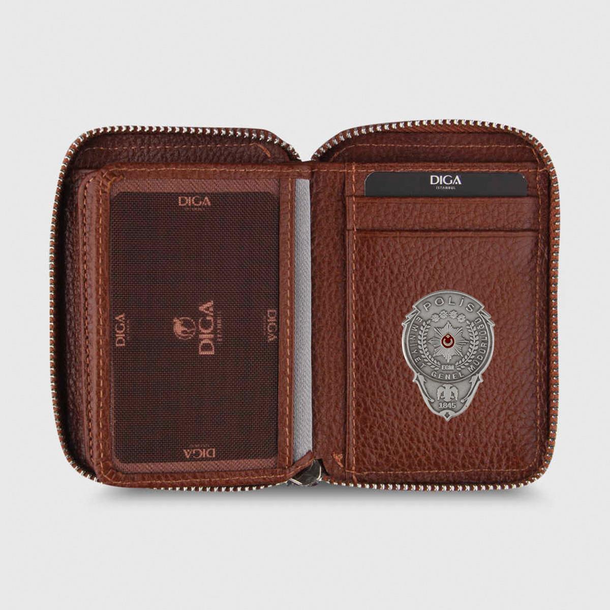 Hakiki Deri Fermuarlı Mini Rozetli Polis Cüzdanı Taba