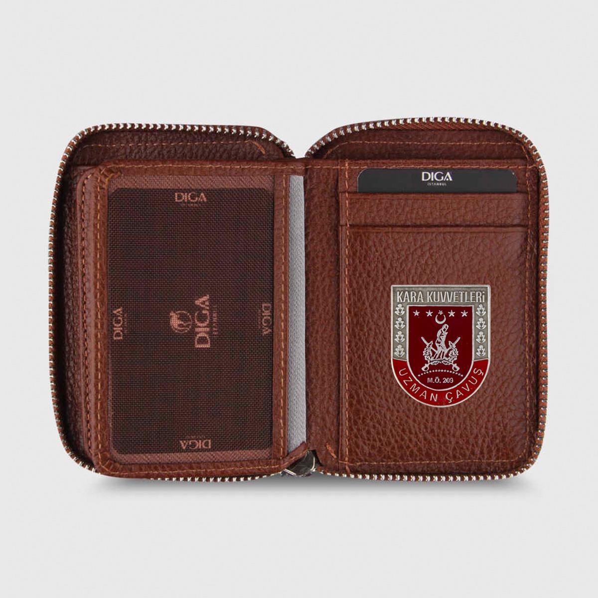 Hakiki Deri Fermuarlı Mini Rozetli Uzman Çavuş Cüzdanı Taba