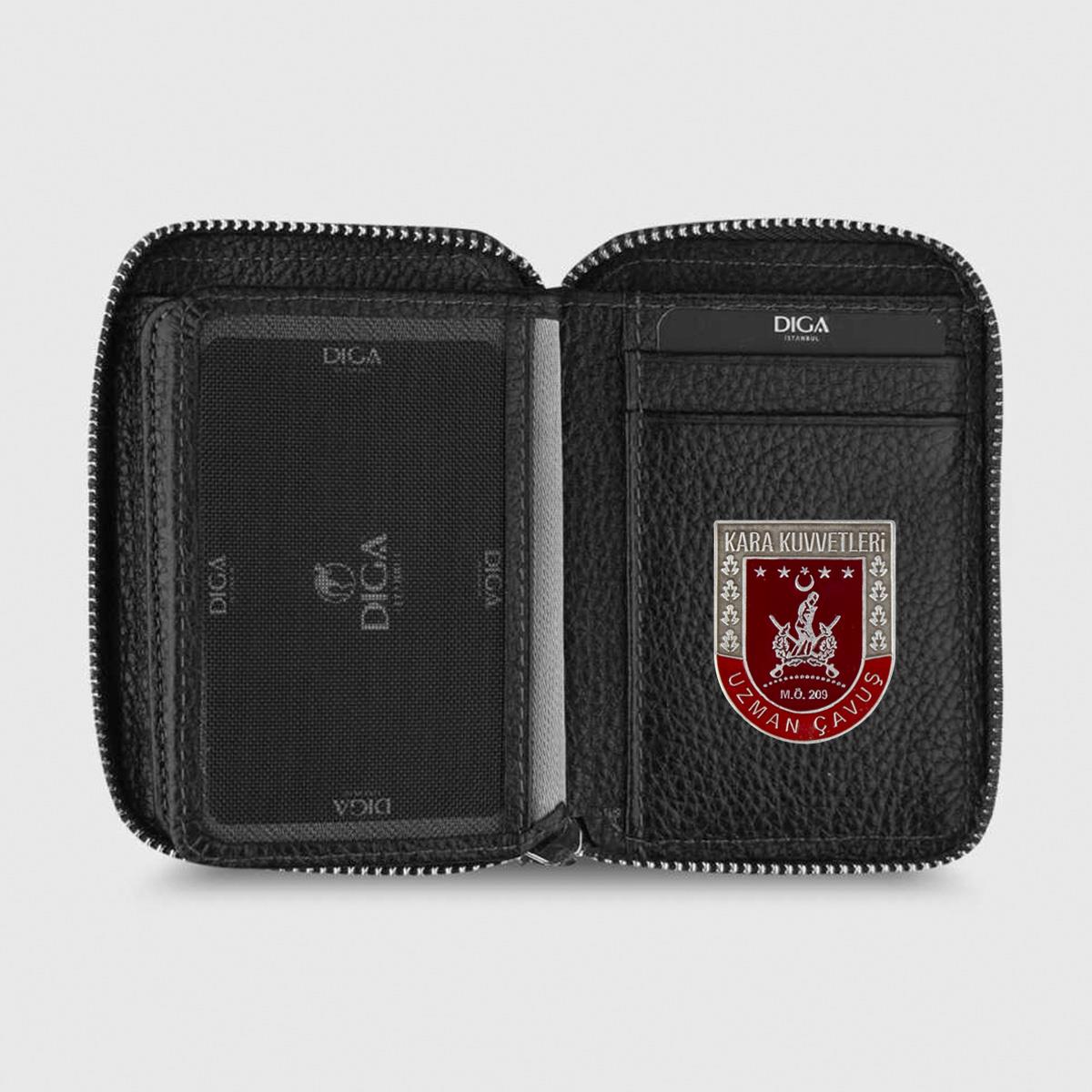 Hakiki Deri Fermuarlı Mini Rozetli Uzman Çavuş Cüzdanı Siyah