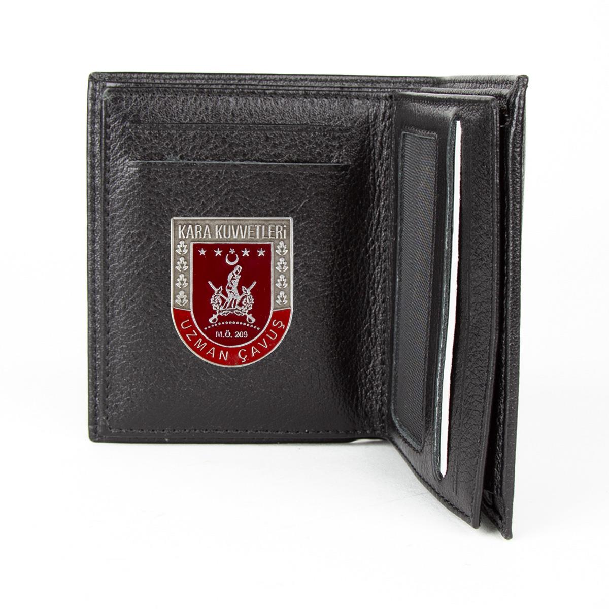 Hakiki Deri Fonksiyonel Model Mini Rozetli Uzman Çavuş Cüzdanı Siyah