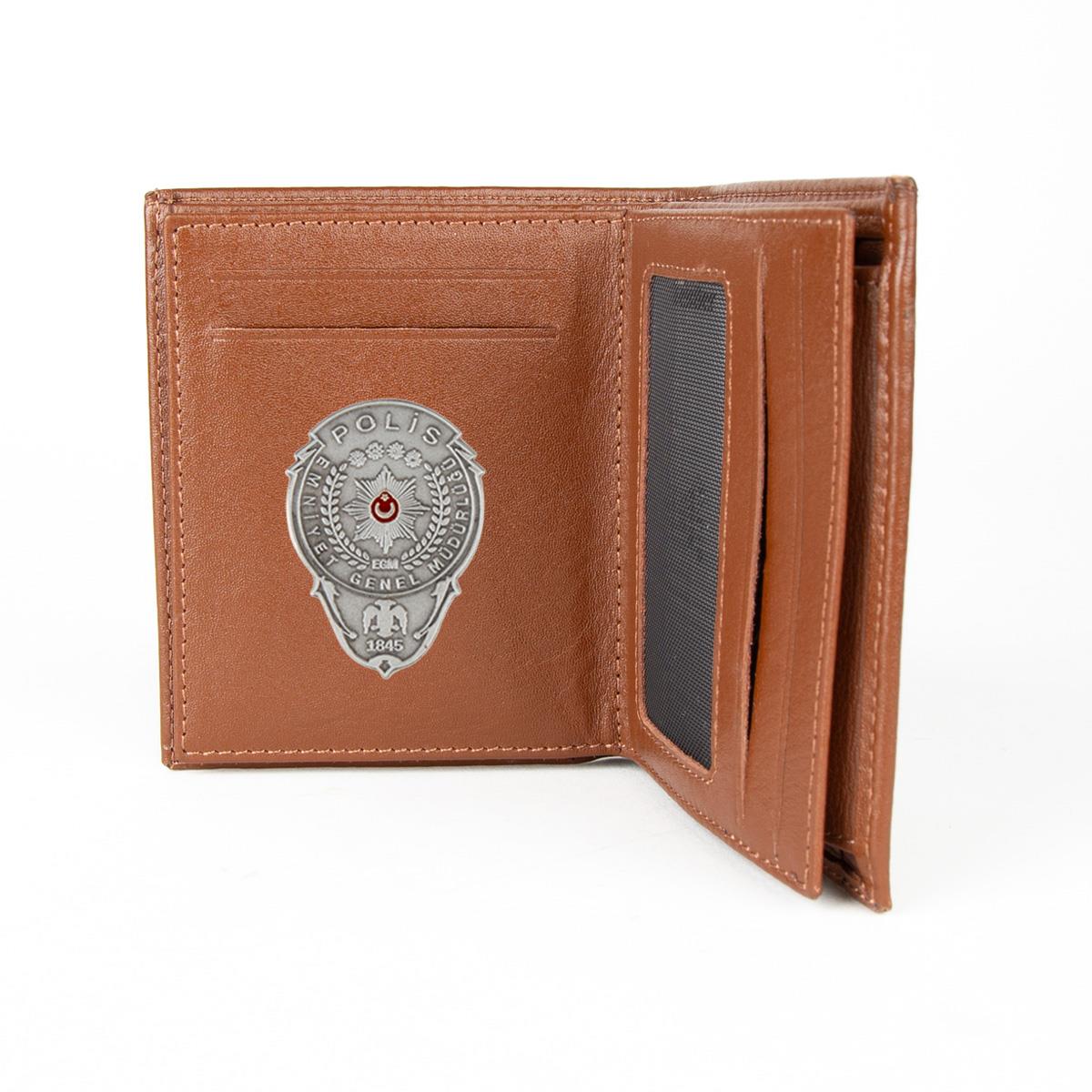 Hakiki Deri Fonksiyonel Model Mini Rozetli Polis Cüzdanı Taba