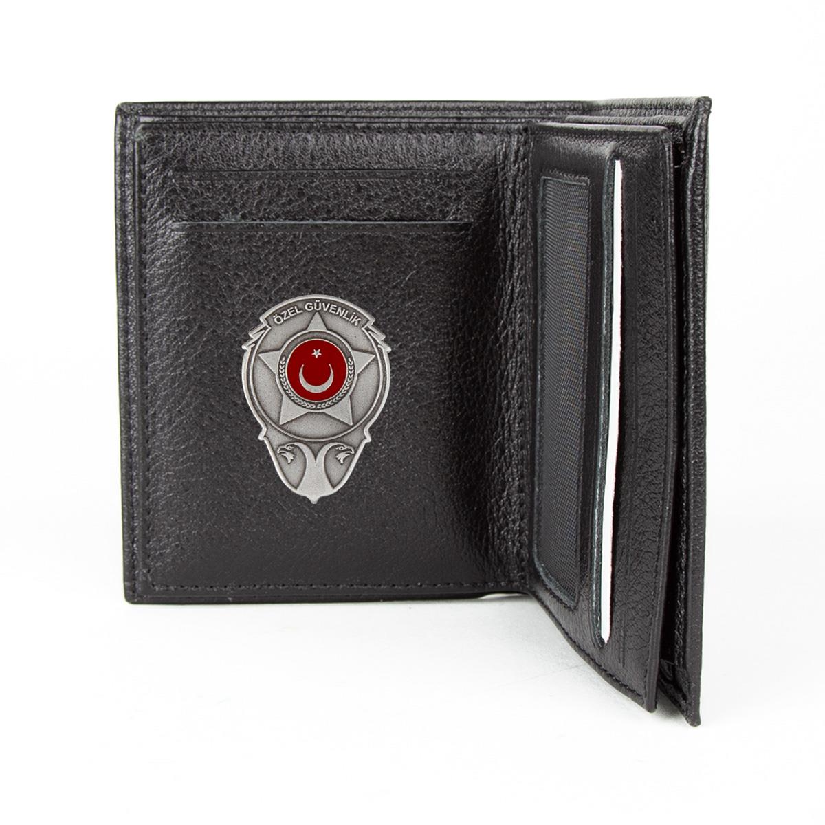 Hakiki Deri Fonksiyonel Model Mini Rozetli Özel Güvenlik Cüzdanı Siyah