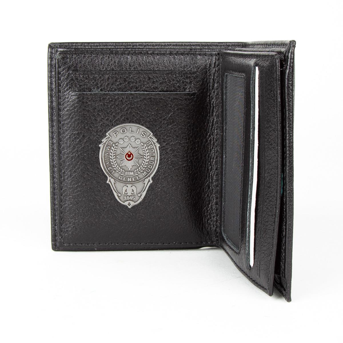 Hakiki Deri Fonksiyonel Model Mini Rozetli Polis Cüzdanı Siyah