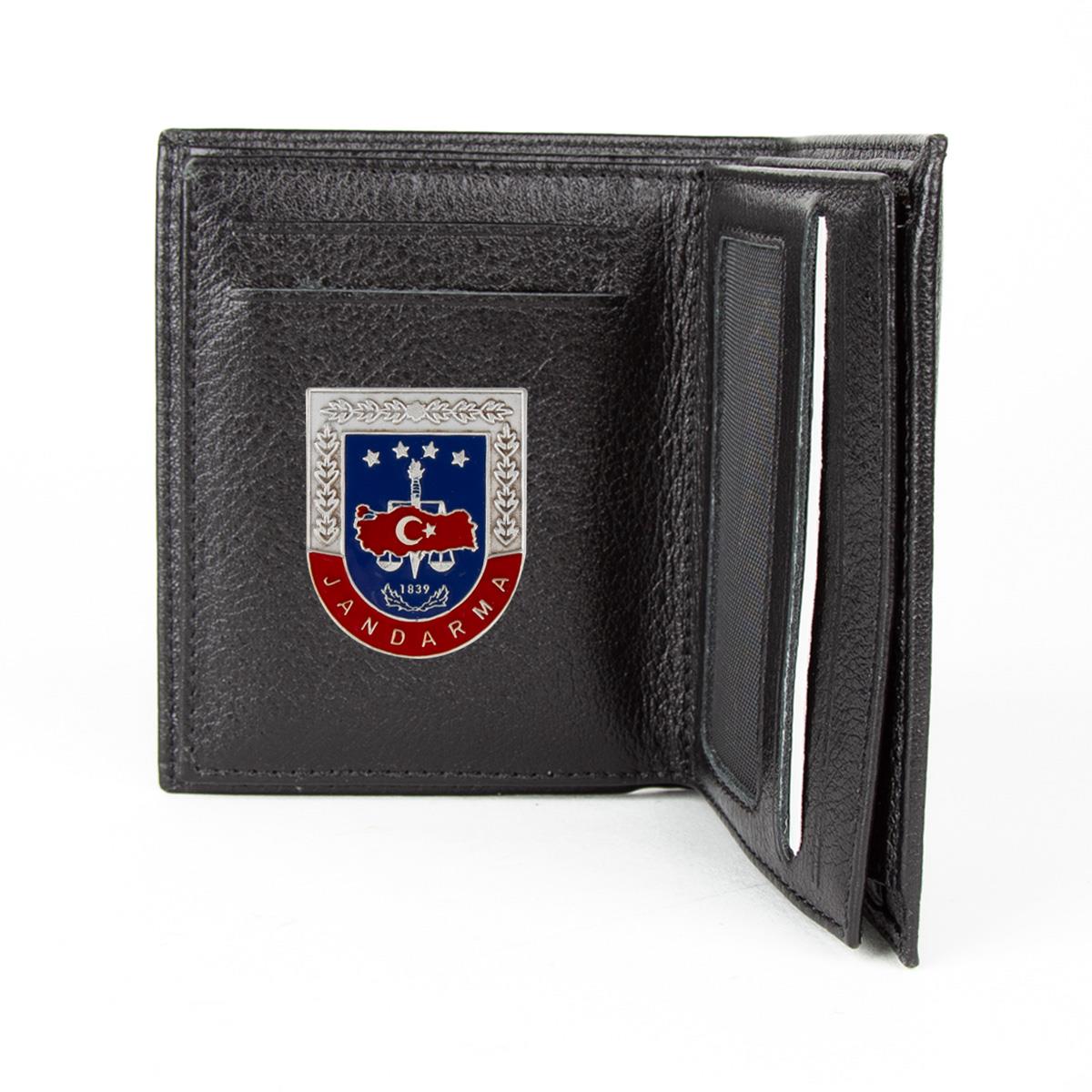 Hakiki Deri Fonksiyonel Model Mini Rozetli Jandarma Cüzdanı Siyah