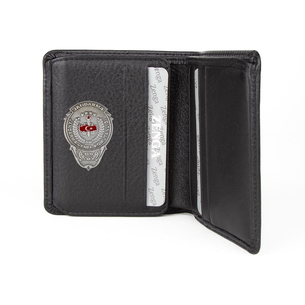 Hakiki Deri Klasik Model Mini Rozetli Jandarma Genel Komutanlığı Cüzdanı Siyah
