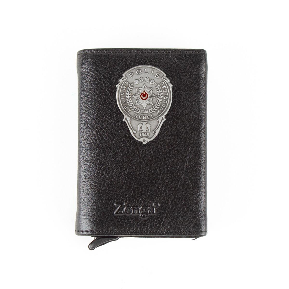Hakiki Deri Otomatik Mekanizmalı Mini Rozetli Polis Kartlık Siyah