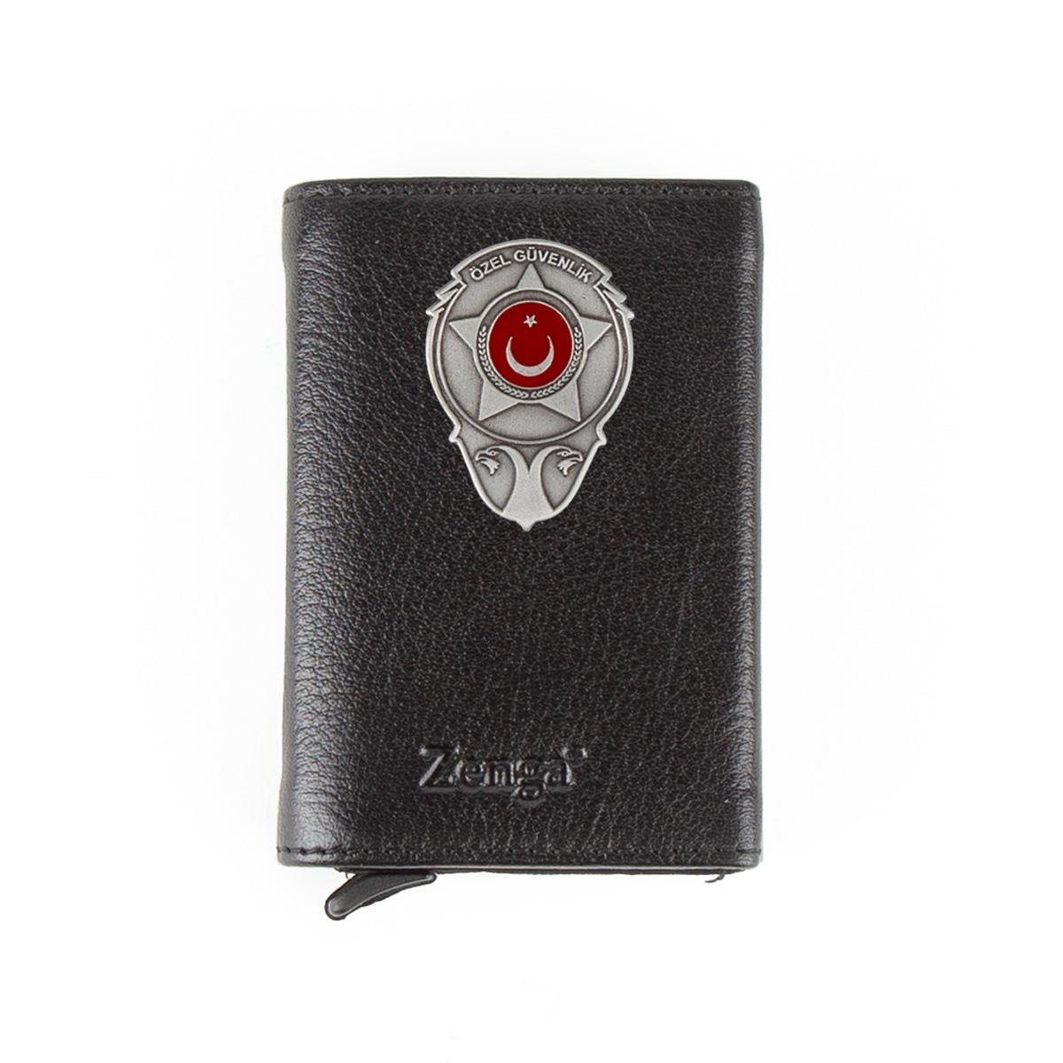 Hakiki Deri Otomatik Mekanizmalı Mini Rozetli Özel Güvenlik Kartlık Siyah