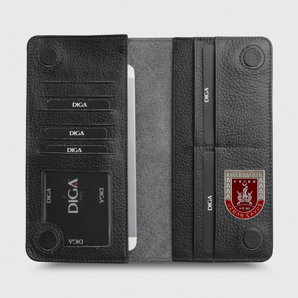 Hakiki Deri Portföy Modeli Telefon Gözlü Mini Rozetli Uzman Çavuş Cüzdanı Siyah