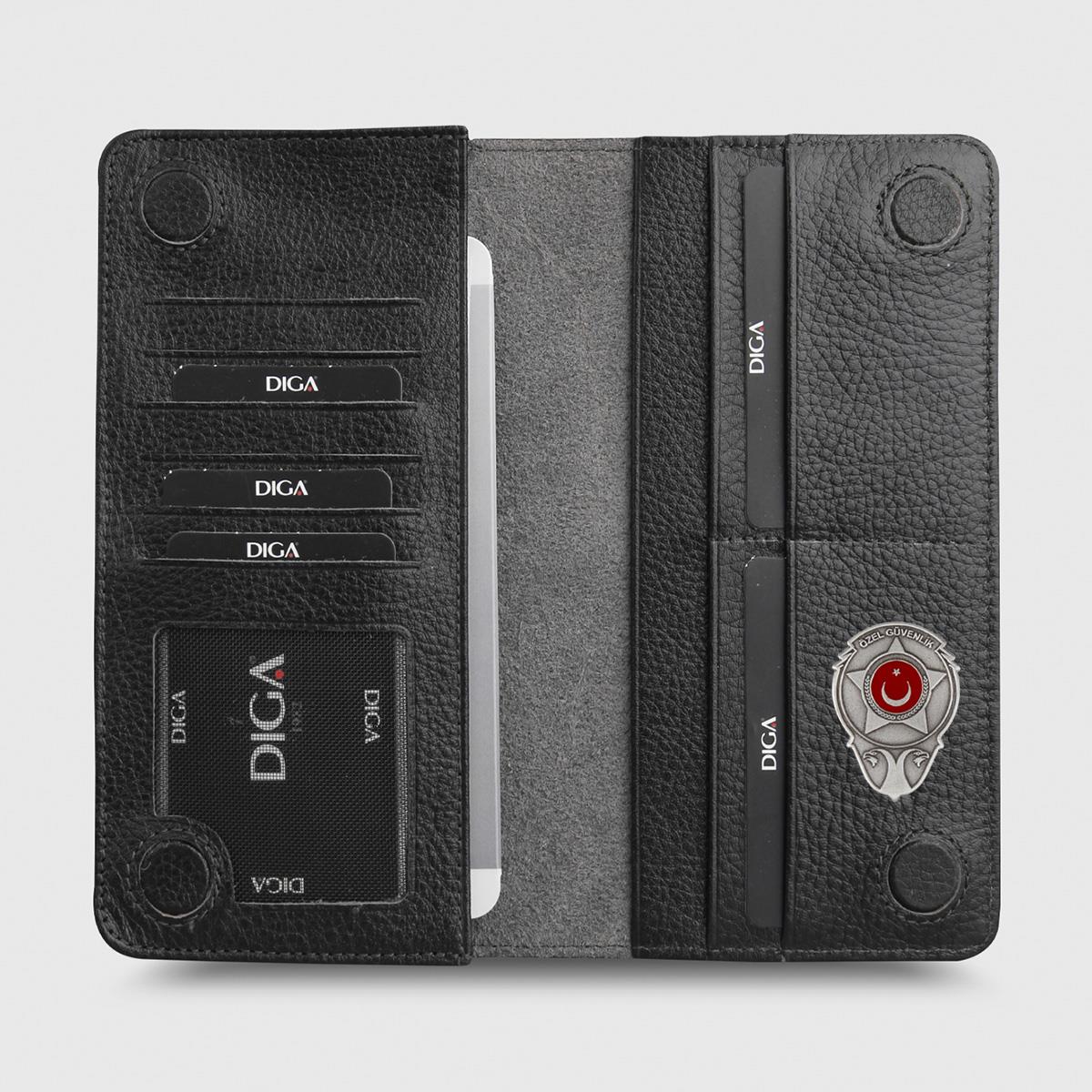 Hakiki Deri Portföy Modeli Telefon Gözlü Mini Rozetli Özel Güvenlik Cüzdanı Siyah