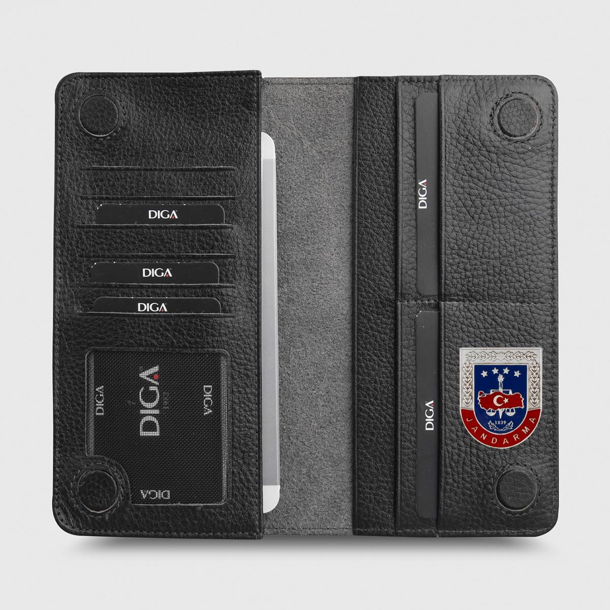 Hakiki Deri Portföy Modeli Telefon Gözlü Mini Rozetli Jandarma Cüzdanı Siyah