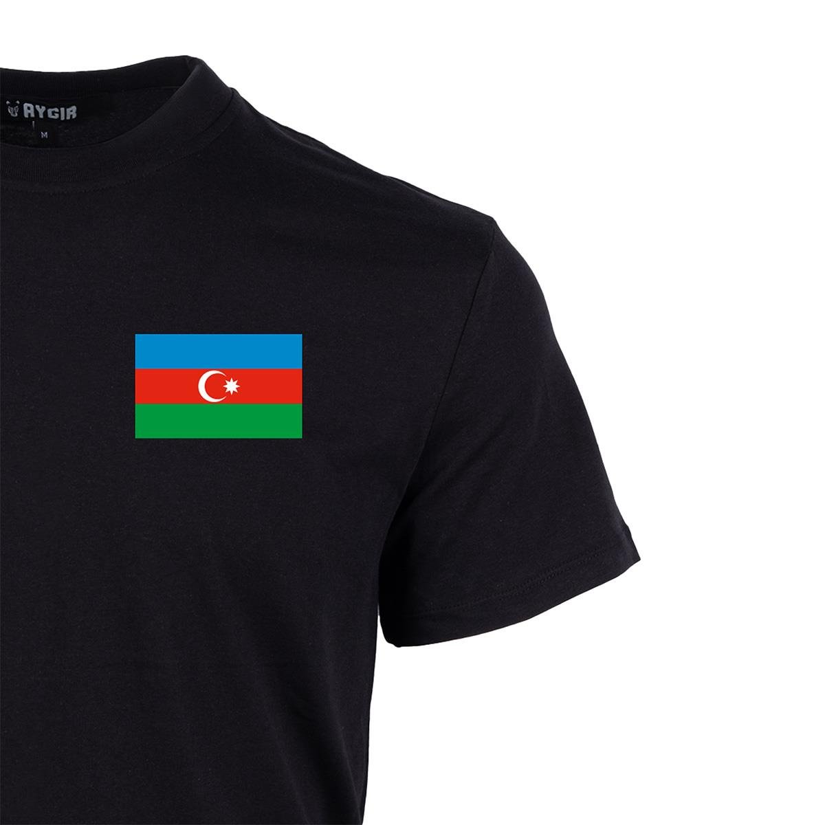 Mini Azerbaycan Bayrağı Baskılı Tişört Siyah