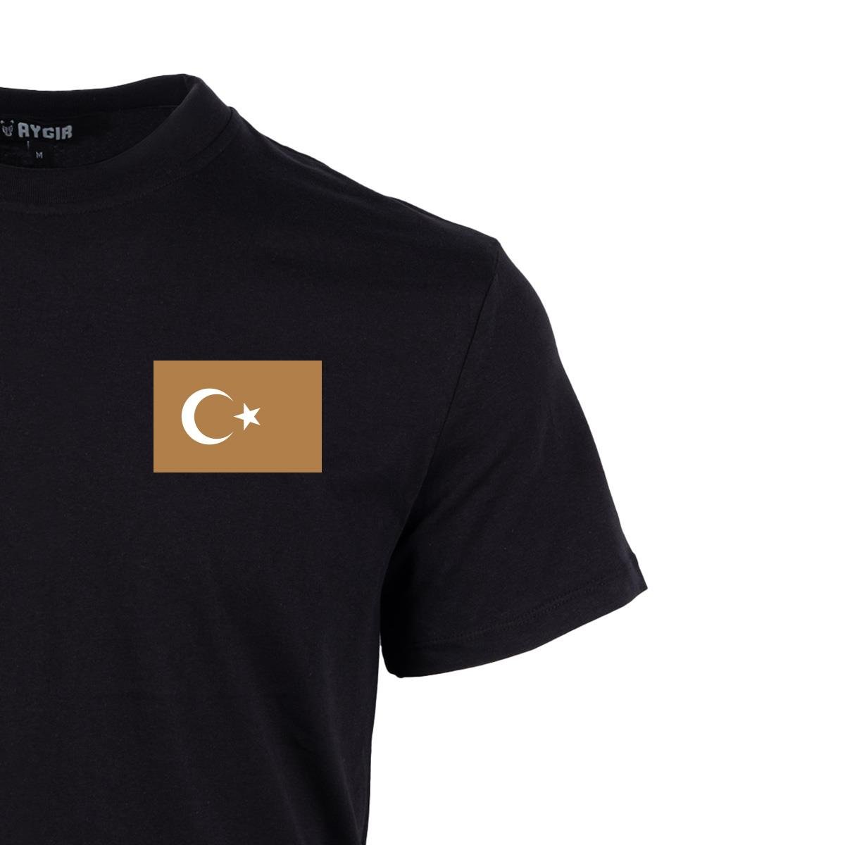 Mini Bej Türk Bayrağı Baskılı Tişört Siyah