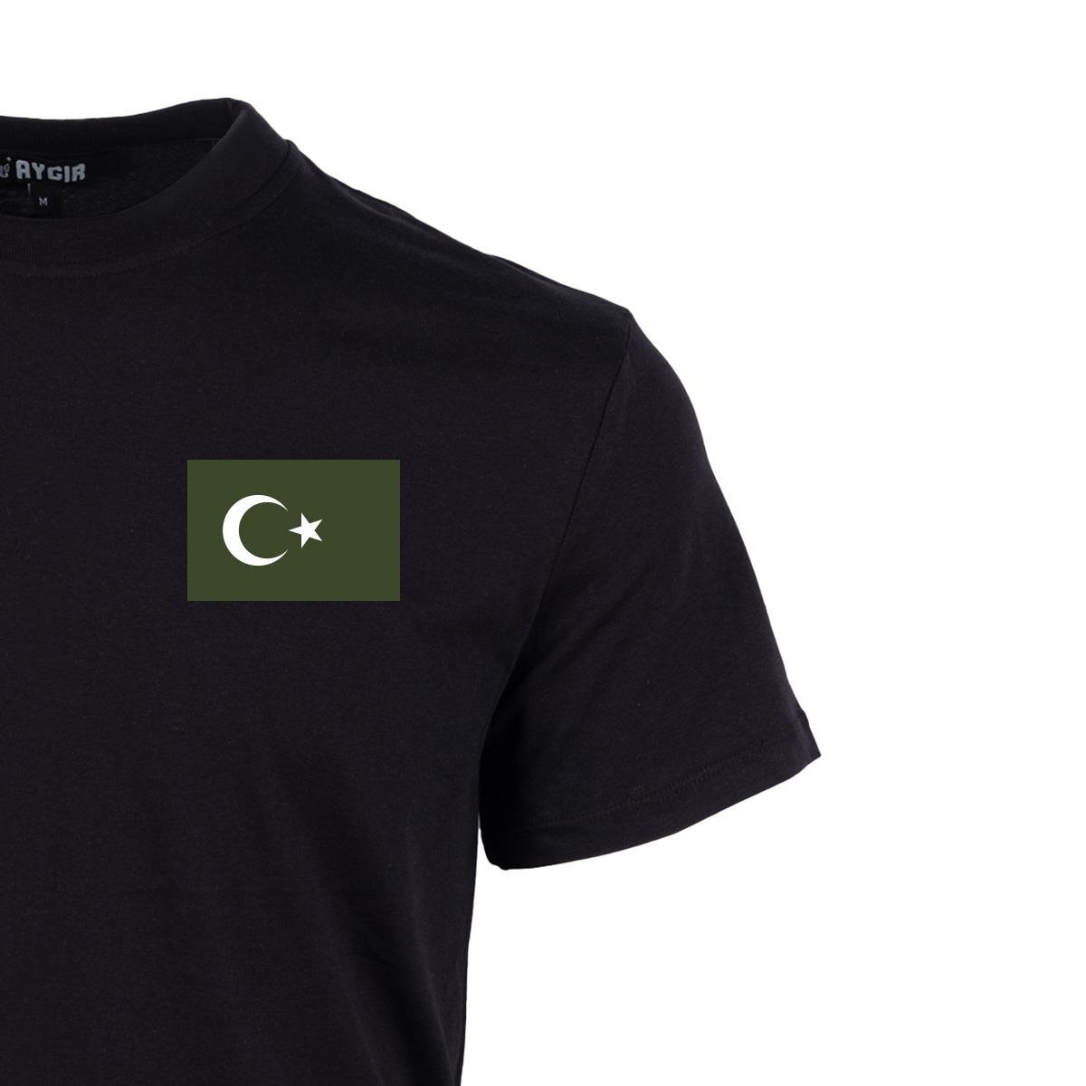 Mini Haki Türk Bayrağı Baskılı Tişört Siyah