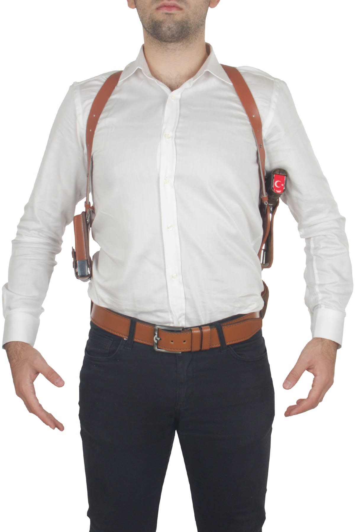 Profesyonel Deri Koltukaltı Silah Kılıfı (Tüm Tabancalar İçin) Çift Şarjörlü Taba