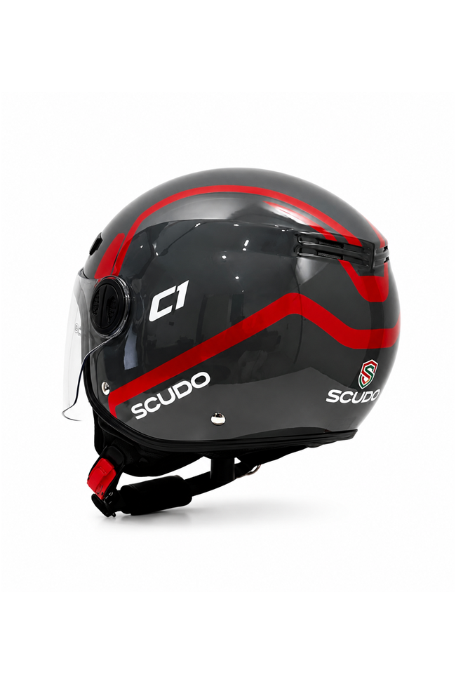 Scudo C1 Open Face Çene Açık Motosiklet Kaskı Ece 22.06 Sertifikalı Gri/Kırmızı