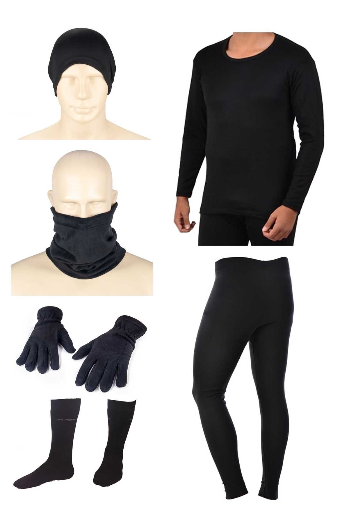 Siyah Termal İçlik Takımı Termal Bere Polar Boyunluk Polar Eldiven Termal Çorap
