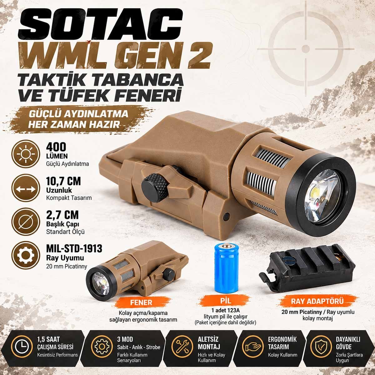 Sotac WML GEN 2 Taktik Tabanca ve Tüfek Feneri Çöl Rengi