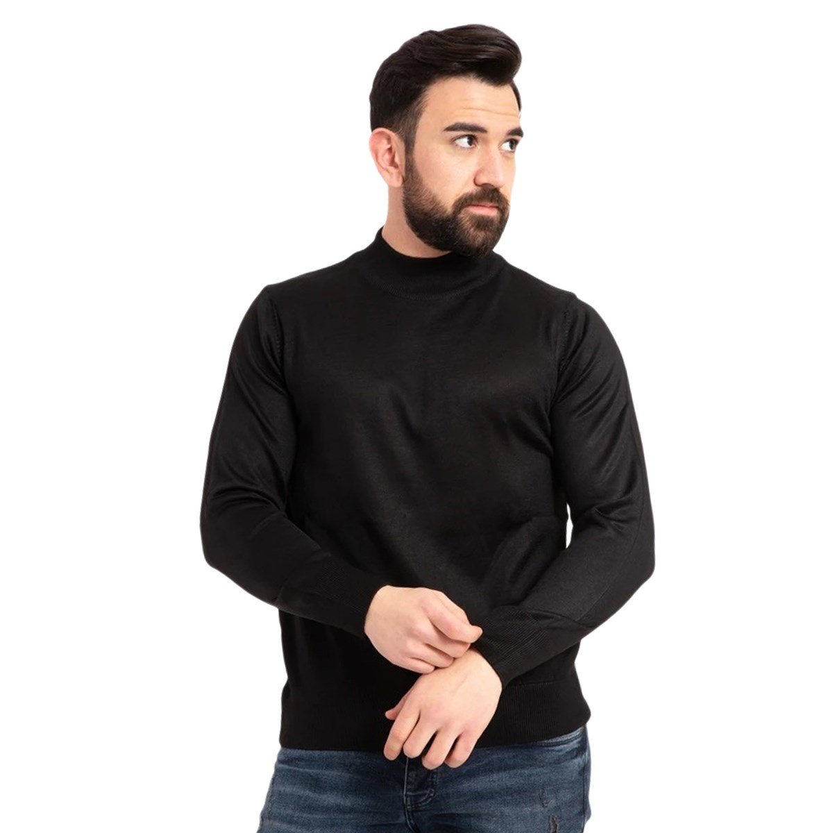 Tugan Erkek Slim Fit Yarım Balıkçı Yaka Kazak Siyah