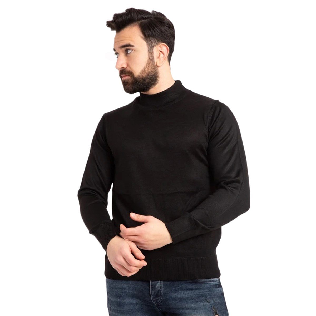 Tugan Erkek Slim Fit Yarım Balıkçı Yaka Kazak Siyah