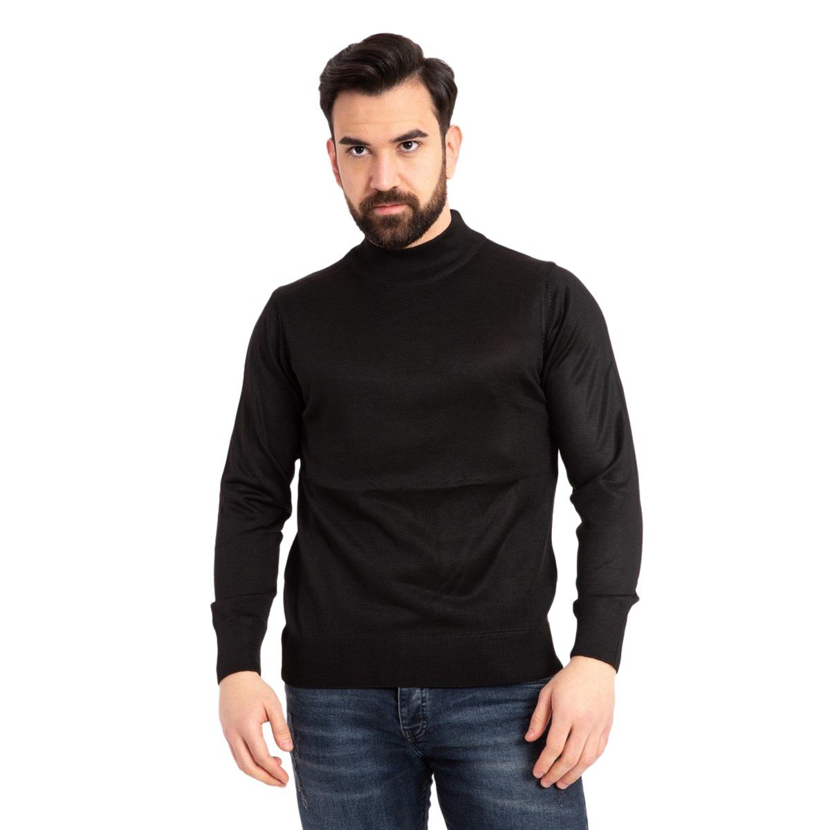 Tugan Erkek Slim Fit Yarım Balıkçı Yaka Kazak Siyah