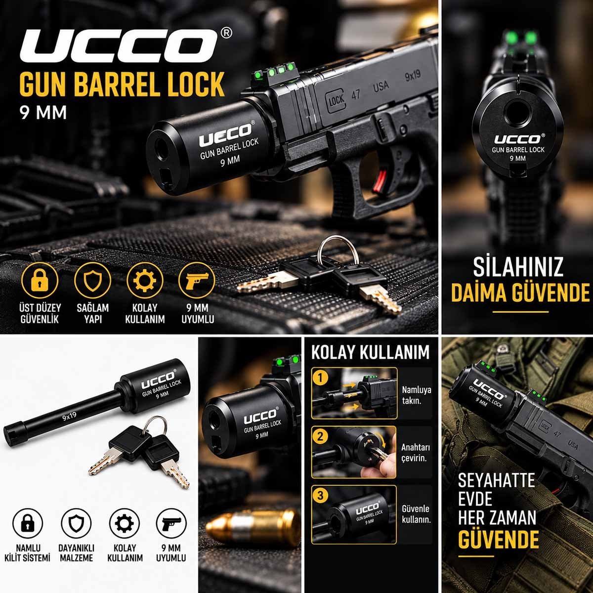 UCCO Tabanca Namlu Kilidi 9mm - Anahtarlı Mekanik Emniyet Sistemi