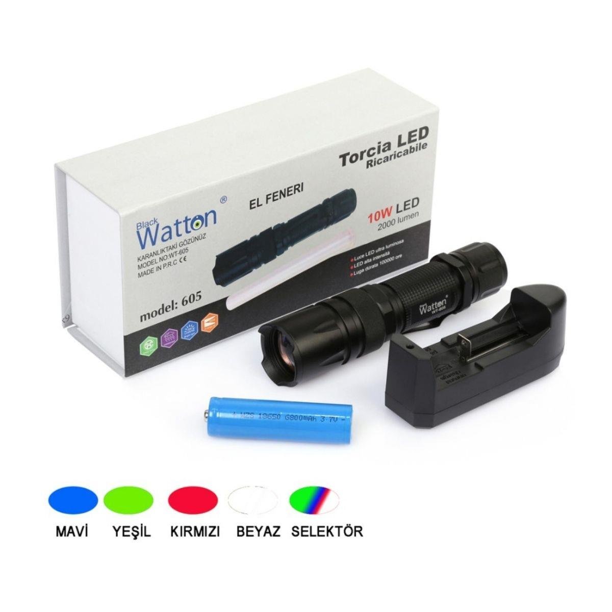 Watton 10W 2000 Lümen 4 Renk Güçlü El Feneri WT-605