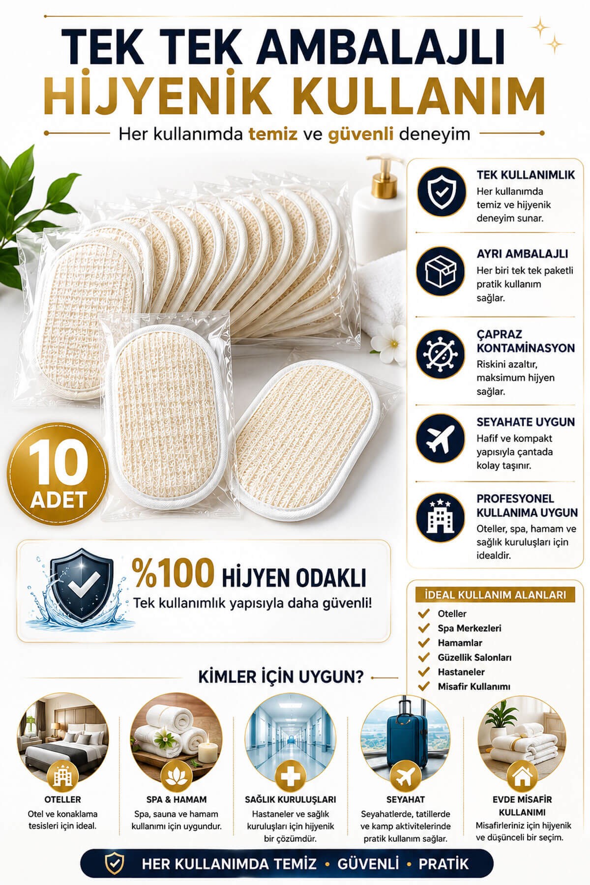 10 Adet Tek Kullanımlık Banyo Lifi 10x15 cm Hijyenik El Geçirmeli Duş, Spa, Otel ve Seyahat Lifi