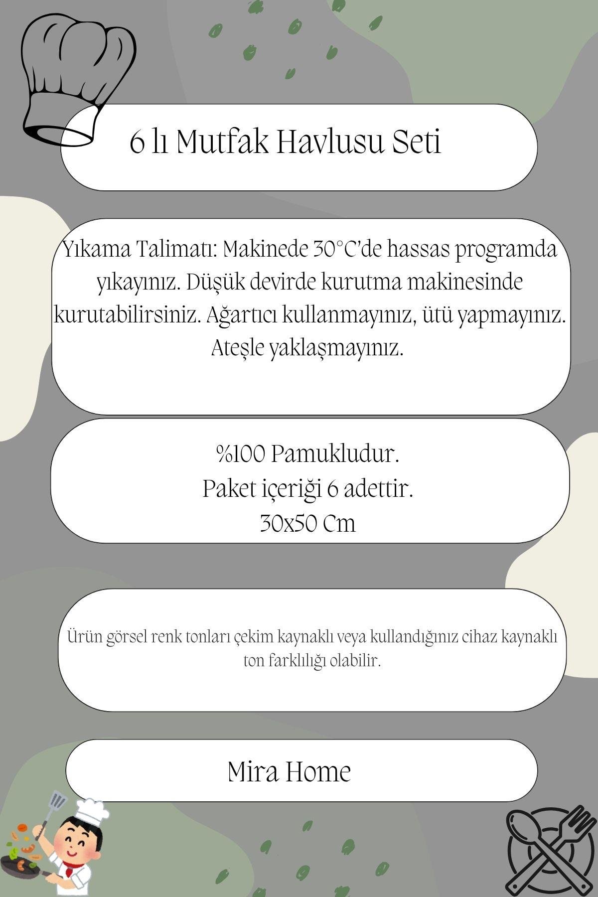 6'lı Mutfak Havlusu Seti 30x50 cm %100 Pamuklu Nostalji